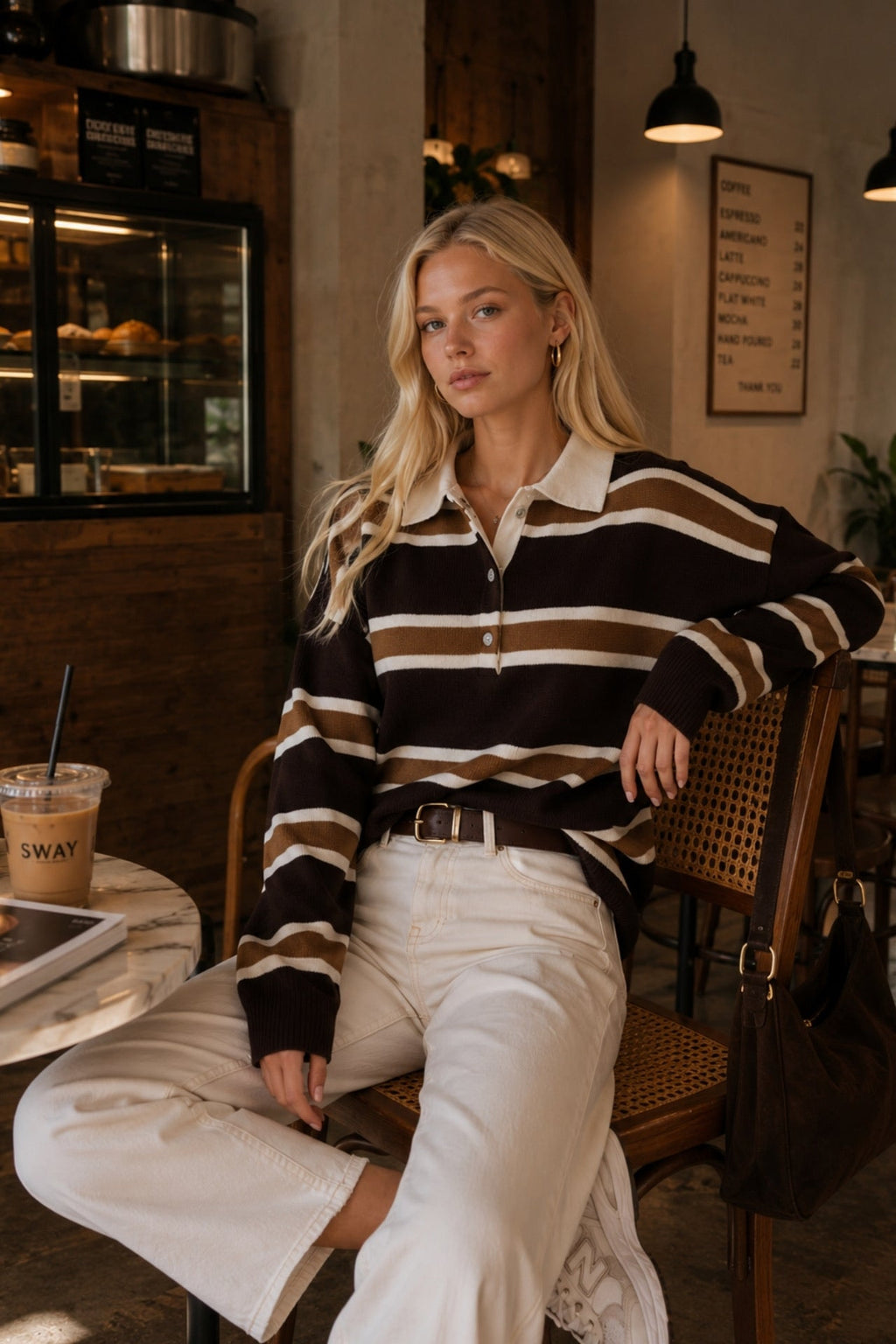 Striped Buttoned Polo Neck Beige Knitwear Blouse