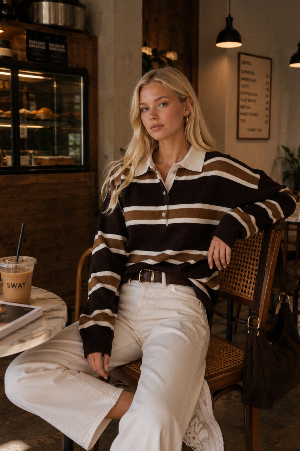 Striped Buttoned Polo Neck Beige Knitwear Blouse