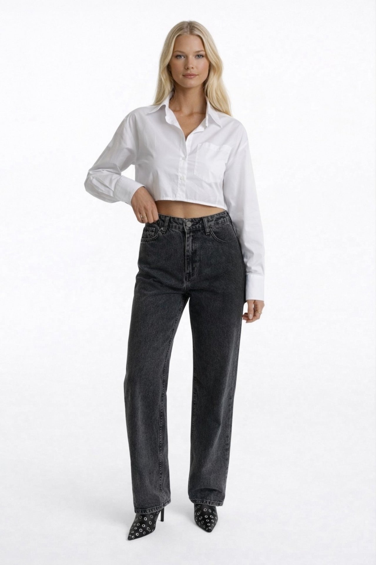 Back Laser Cut Wide Leg Black Jeans