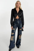 Laser Cut Wide Leg High Waist Blue Jeans
