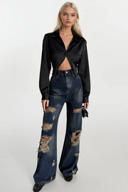 Laser Cut Wide Leg High Waist Blue Jeans