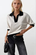 V-Neck Stripe Detail White Black T-Shirt