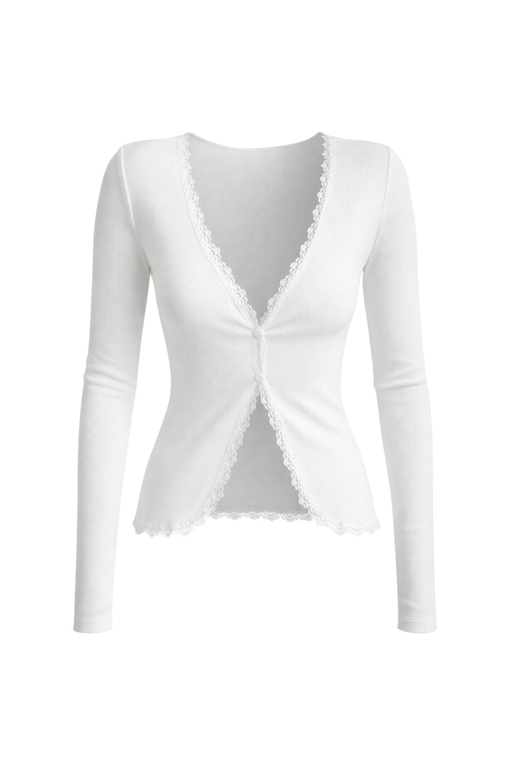 Lace Detail Buttoned White Ribbed Blouse