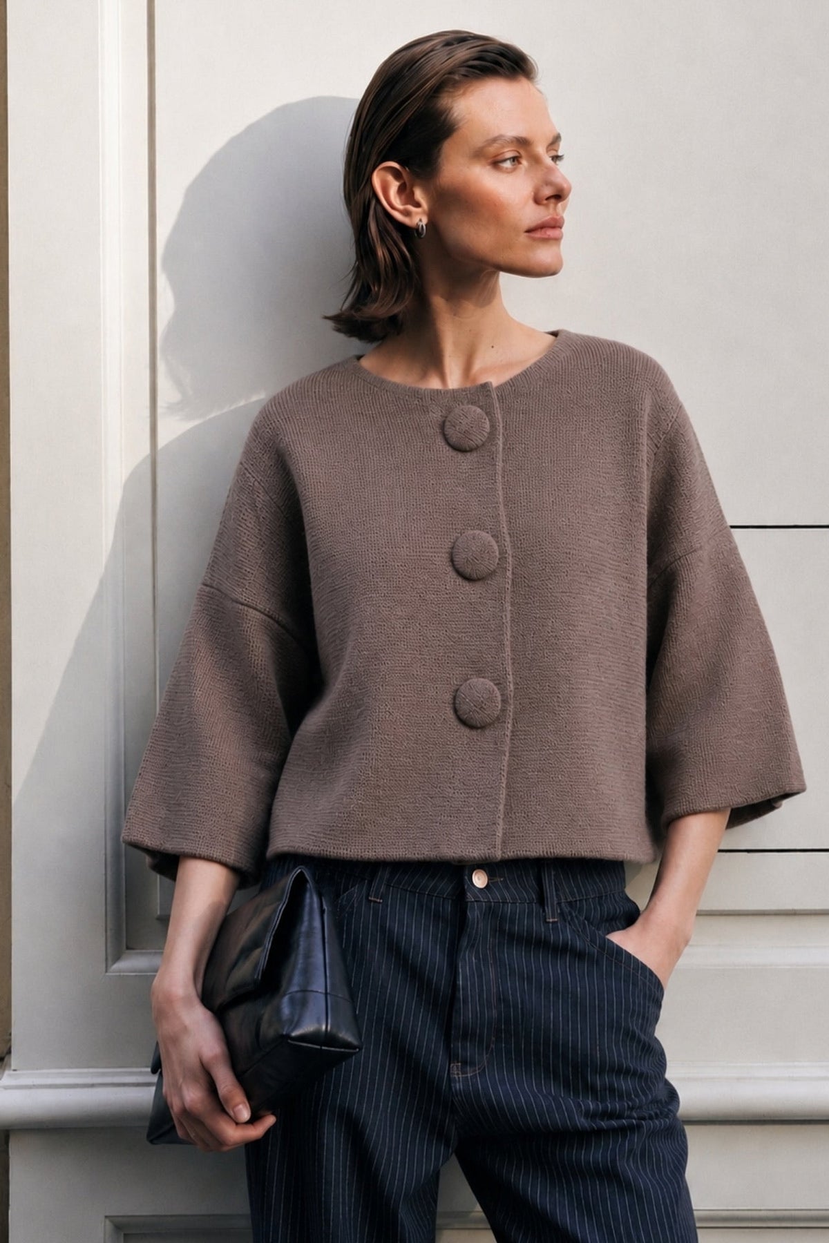 Button Detail Yarasa Sleeve Beige Knit Cardigan