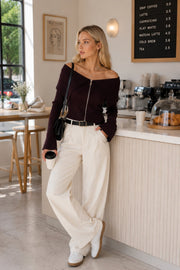 Brown Zipped Knit Blouse with Madonna Neckline