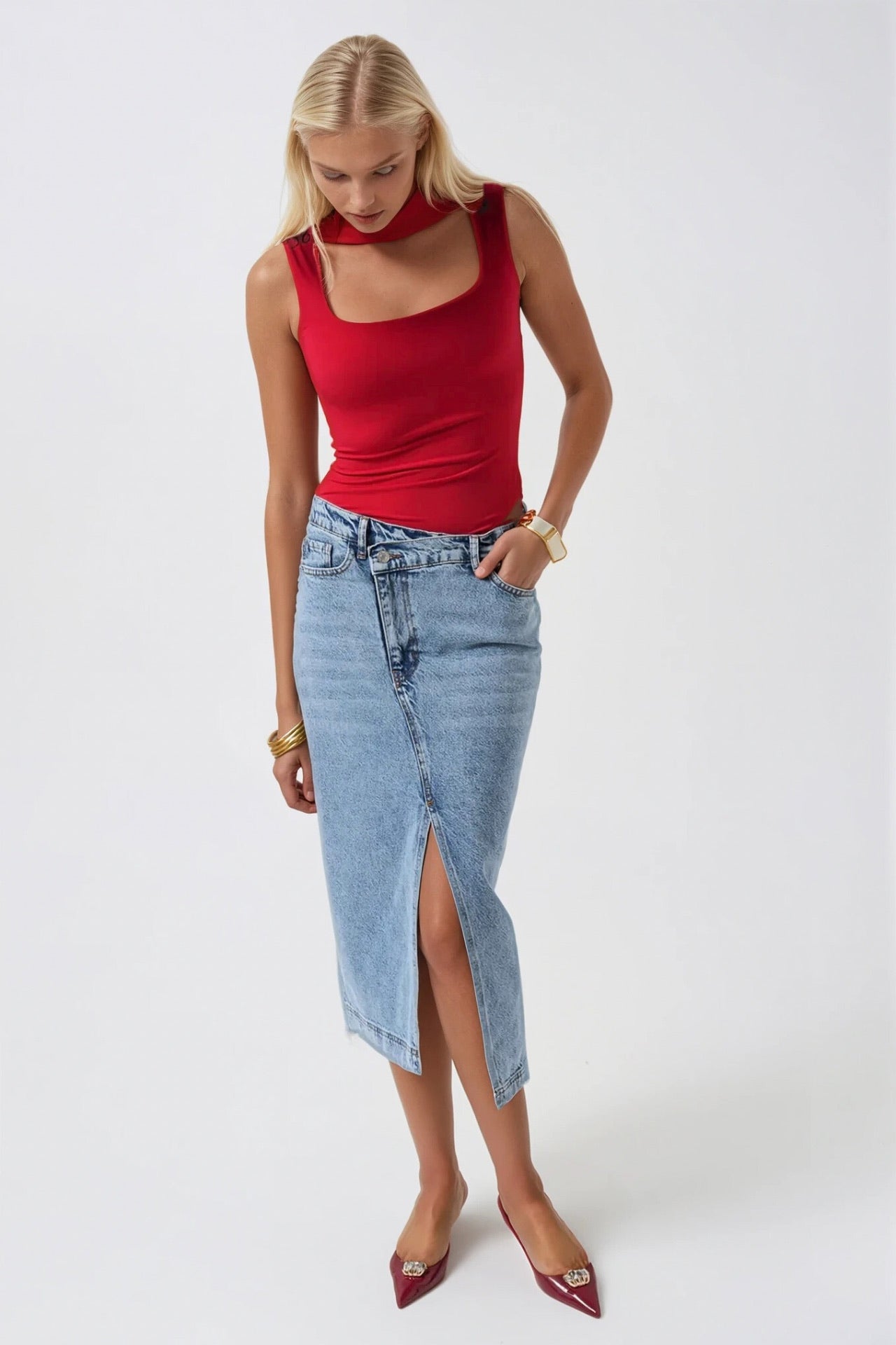 Slit Detail Denim Midi Light Blue Skirt