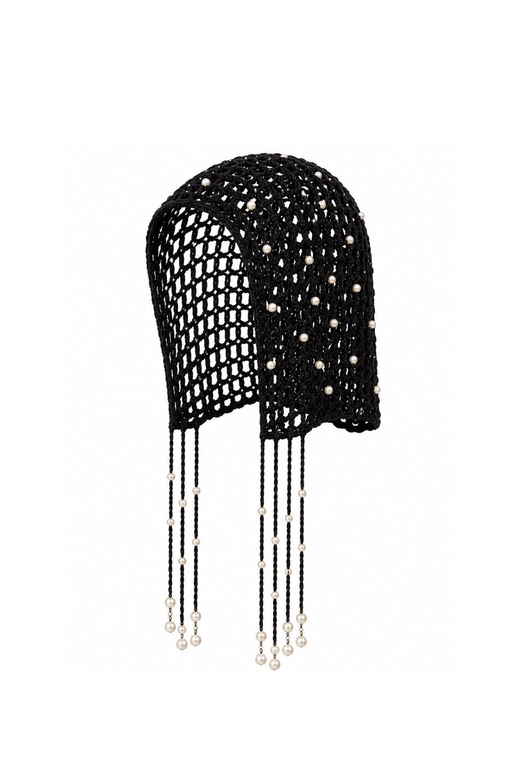 Fringed Black Knit Beanie with Pearl Detail
