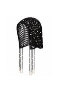 Fringed Black Knit Beanie with Pearl Detail