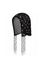 Fringed Black Knit Beanie with Pearl Detail
