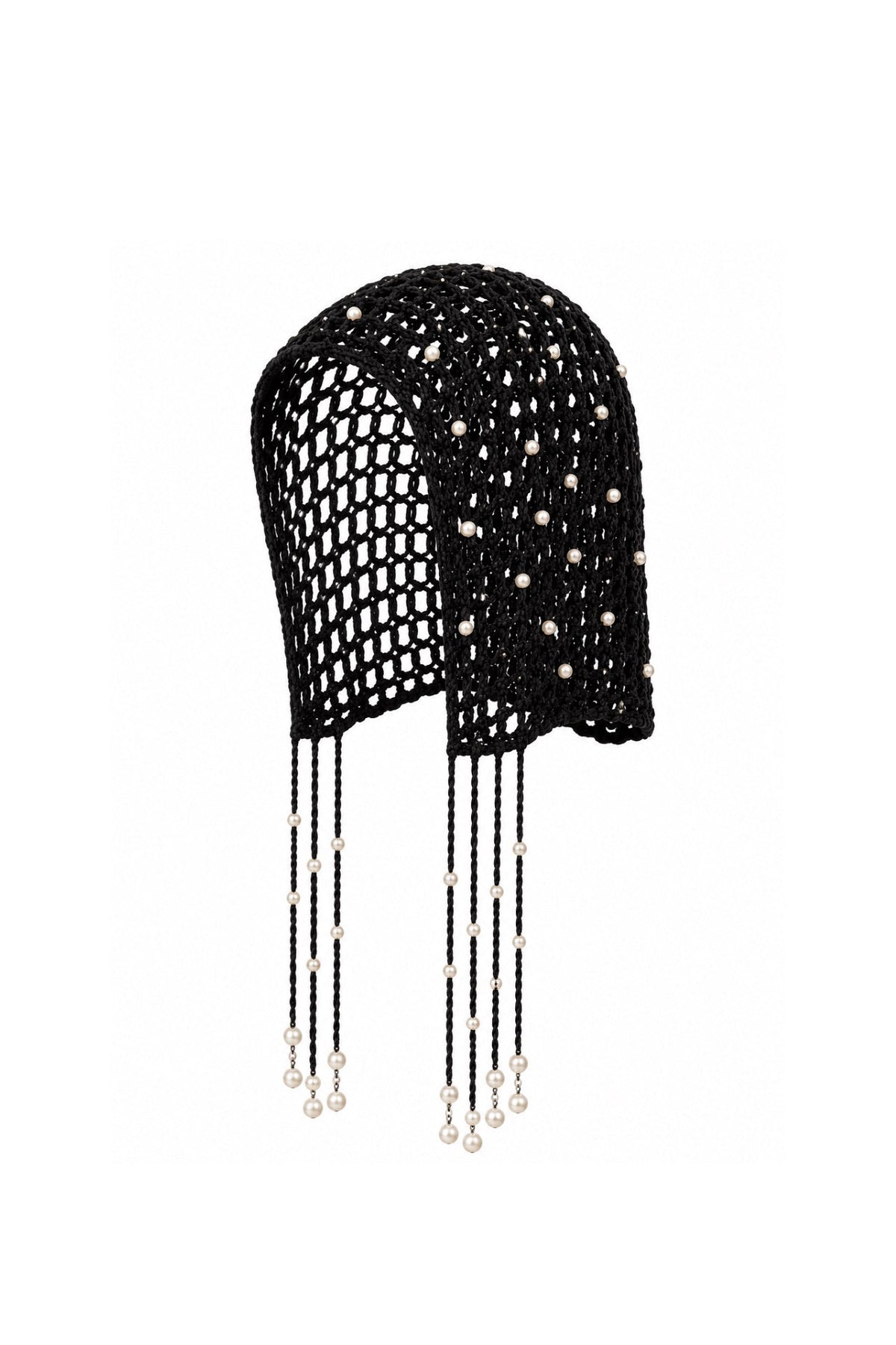 Fringed Black Knit Beanie with Pearl Detail