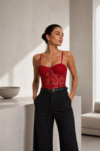 Glop Detail Strappy Red Guipure Bodysuit