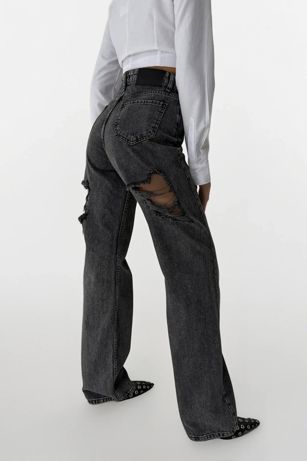 Back Laser Cut Wide Leg Black Jeans