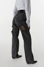 Back Laser Cut Wide Leg Black Jeans