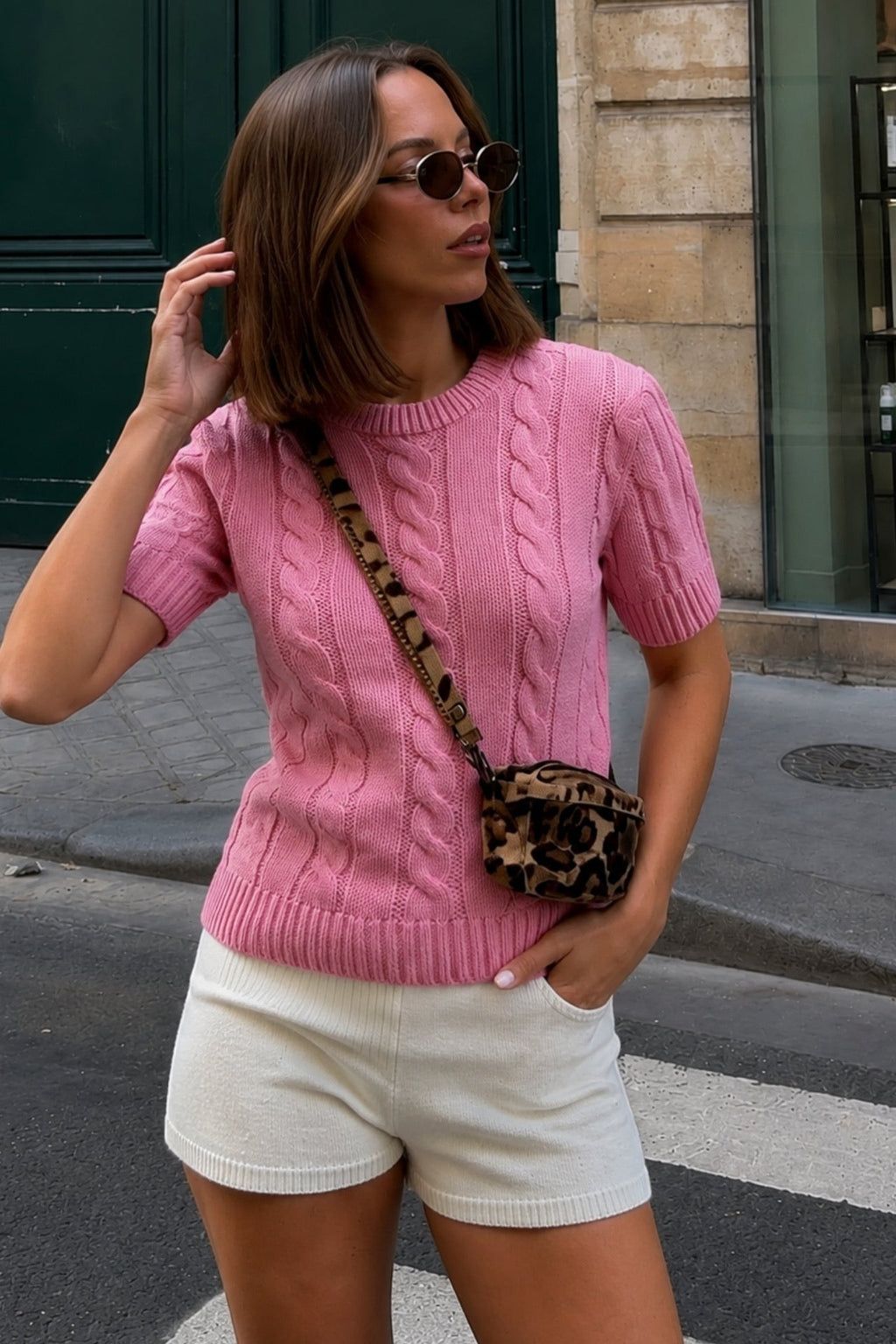 Cable-Knit Short-Sleeve Pink Knit Blouse
