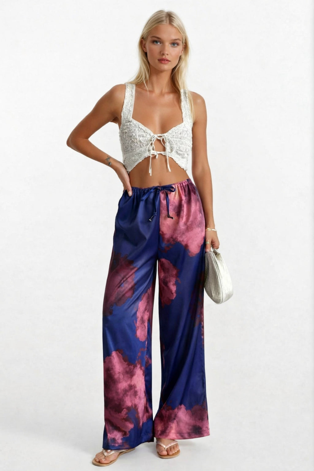 Elastic Waist Patterned Satin Navy Blue Pants
