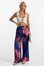 Elastic Waist Patterned Satin Navy Blue Pants