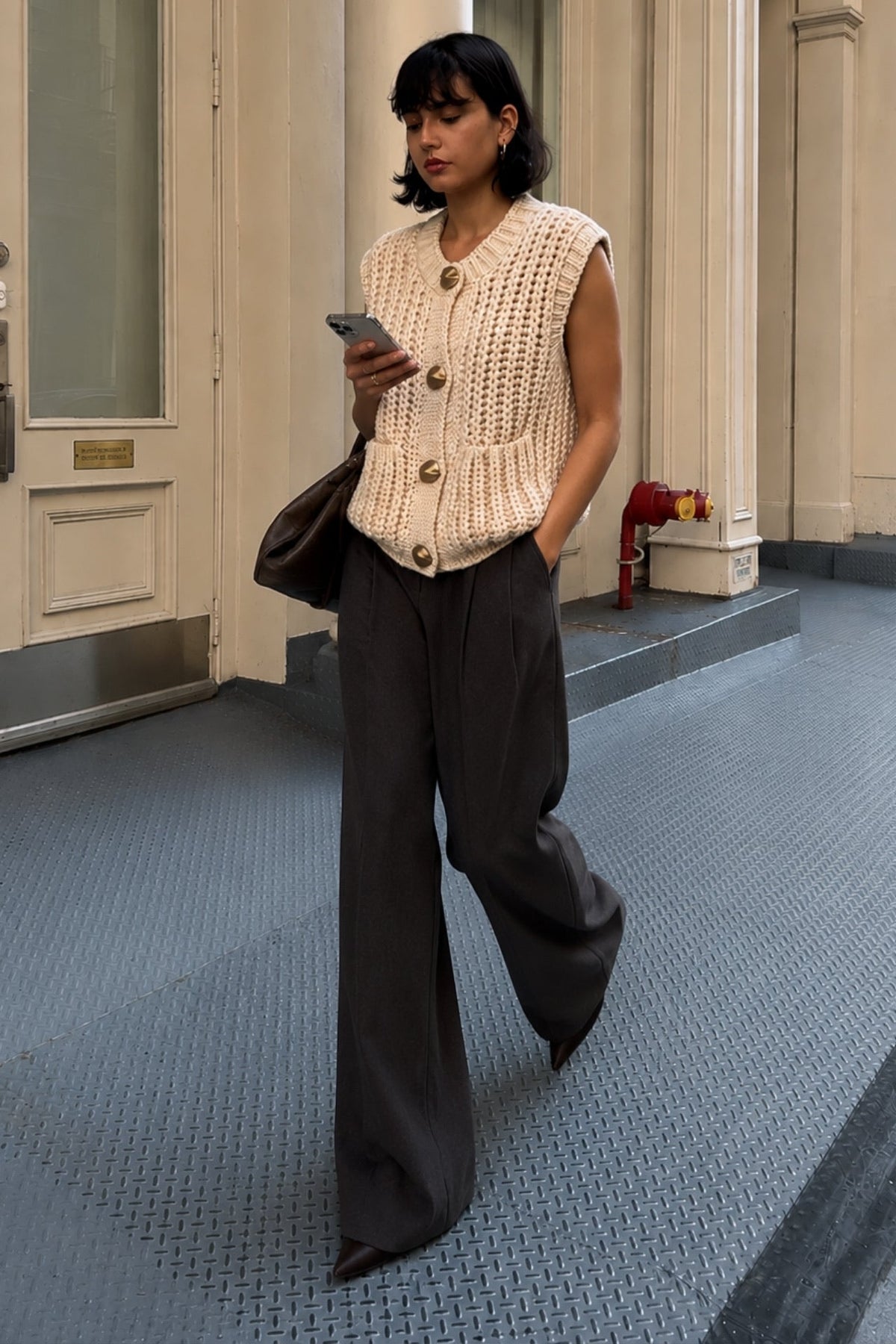 Button Detail Pocketed Stone Knit Waistcoat