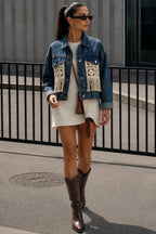 Fringe Detail Basic Dark Blue Denim Jacket