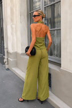 Neck Tie Detail Blouse Trousers Two-Piece Haki Keten Set