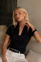 Yaka Lace Detail Short Sleeve Black Blouse