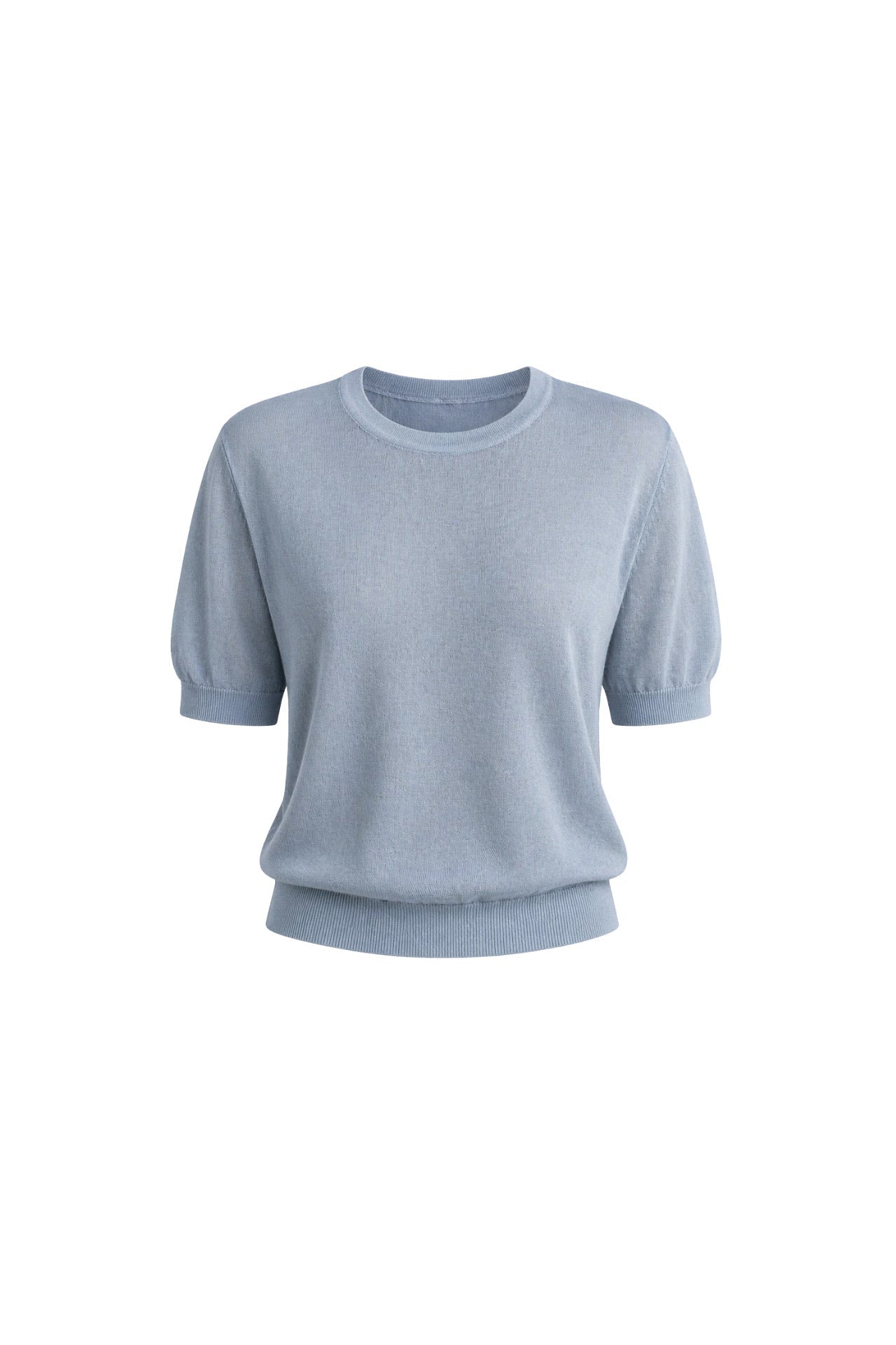 Crew Neck Sheer Textured Blue Blouse