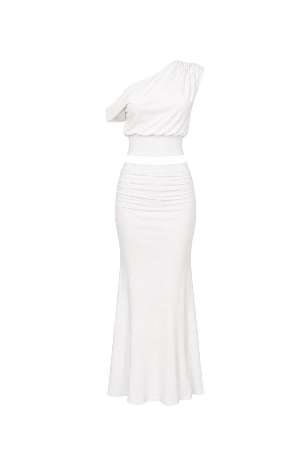 One-Shoulder Fitted Waist Blouse Ruched Detail Maxi Skirt Two-Piece White Set