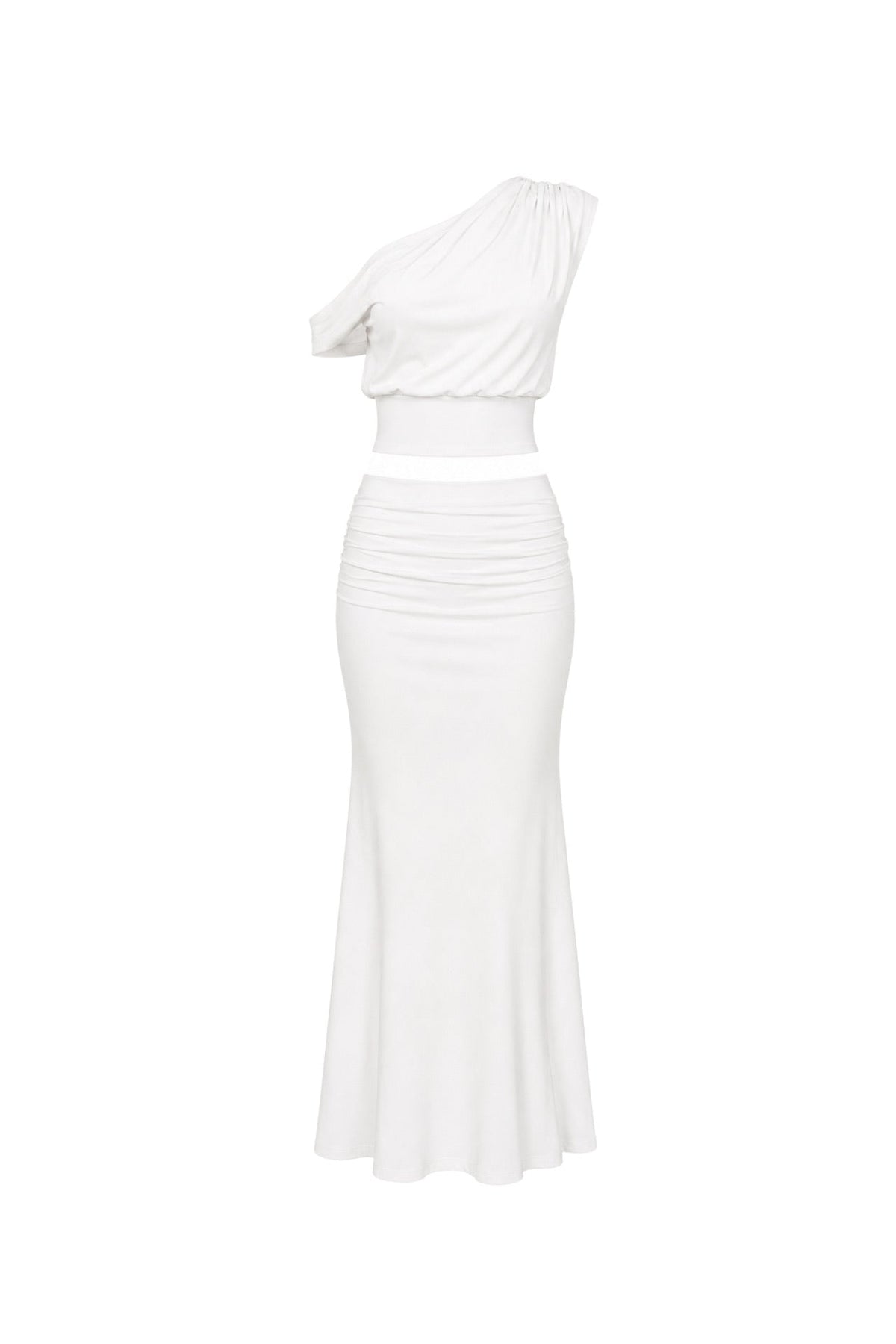 One-Shoulder Fitted Waist Blouse Ruched Detail Maxi Skirt Two-Piece White Set