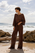 Textured Boat Neck Asymmetrical Blouse and Trousers Brown Two-Piece Set