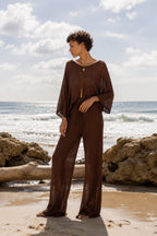 Textured Boat Neck Asymmetrical Blouse and Trousers Brown Two-Piece Set