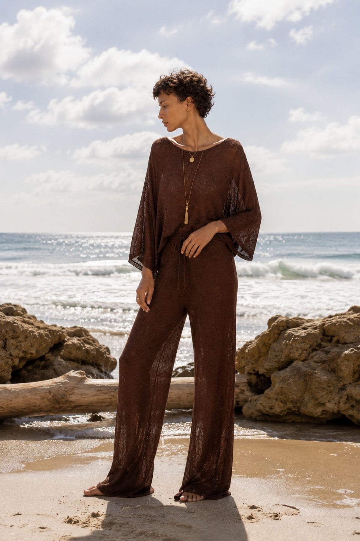 Textured Boat Neck Asymmetrical Blouse and Trousers Brown Two-Piece Set