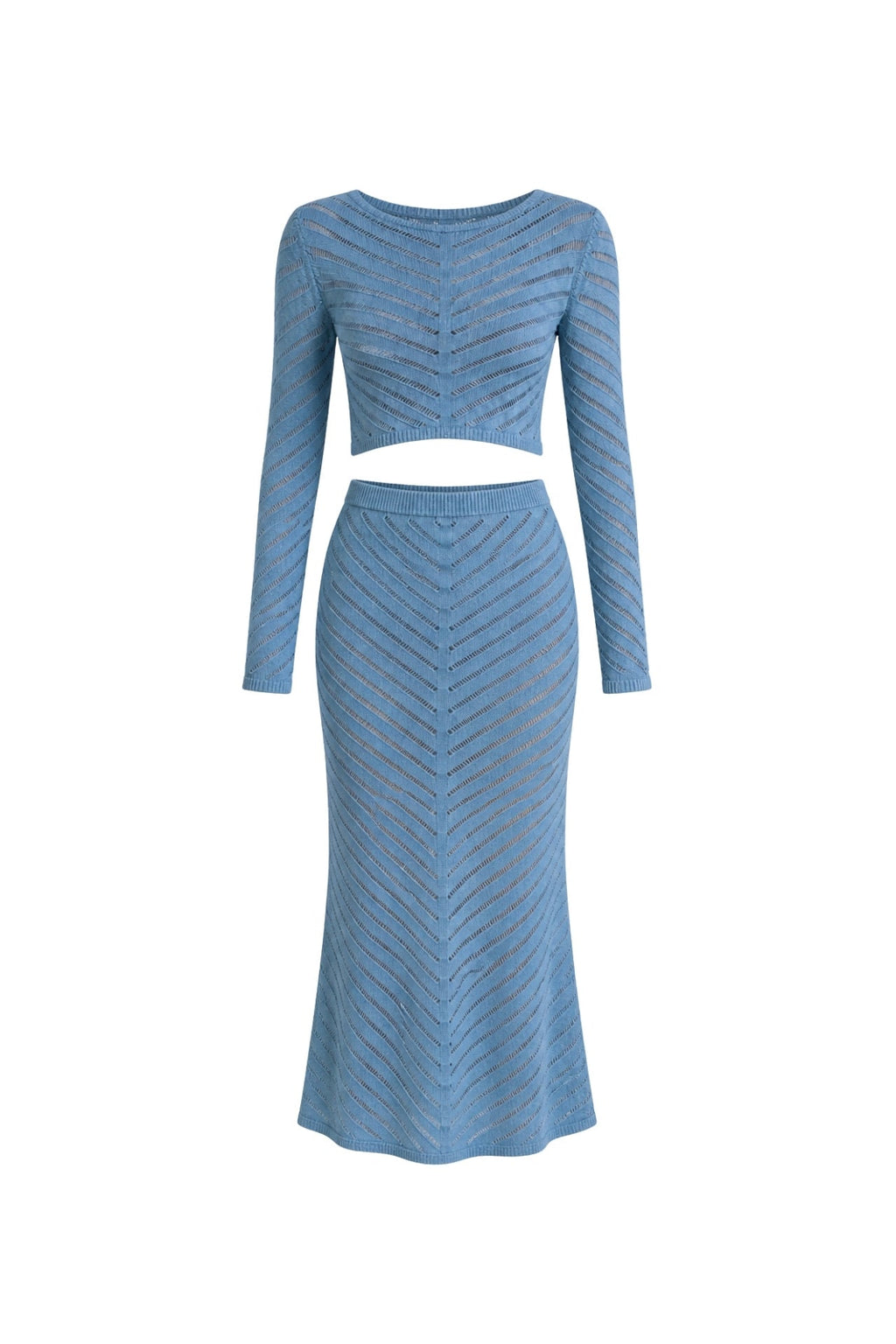 Knit Pattern Crop Blouse Maxi Skirt İkili Blue Knit Set