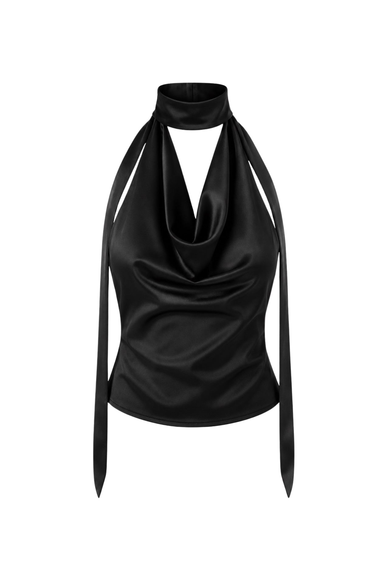 Neck-Tie Detail Cowl Neck Black Blouse