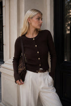 Flounce Sleeve Gold Buttoned Crew Neck Brown Blouse