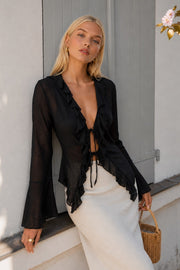 Ruffle Detail Tie-Front Black Blouse