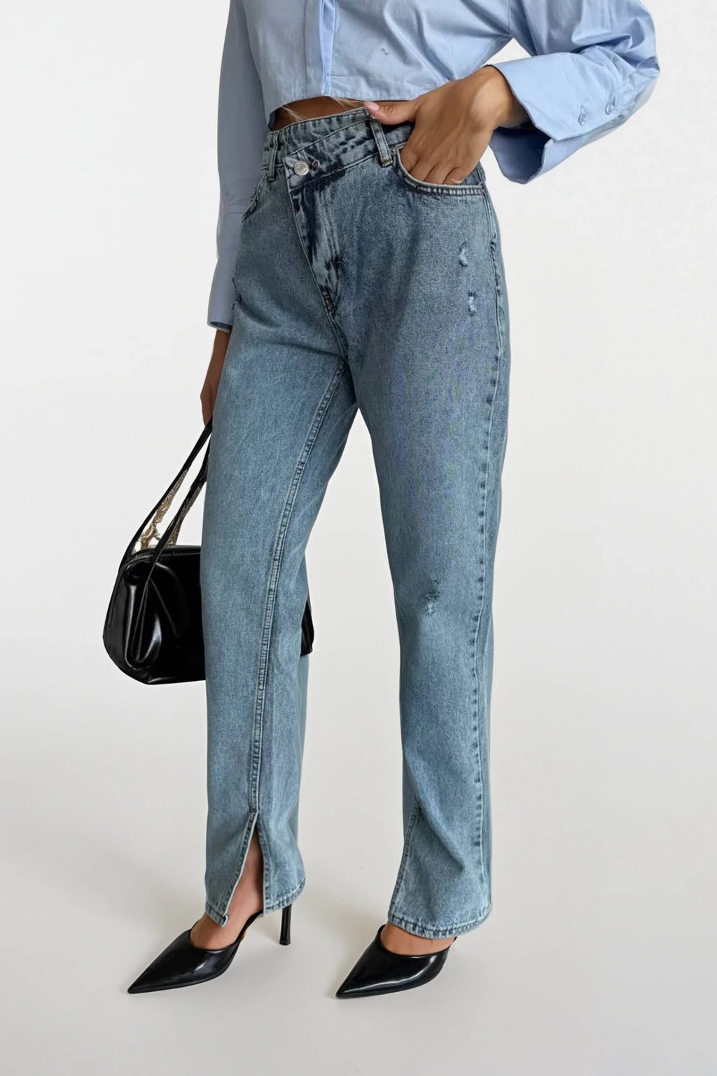 Ripped Hem Asymmetric Laser Cut Light Blue Jeans