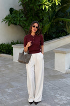Polo Collar Gold Buttoned Plum Blouse