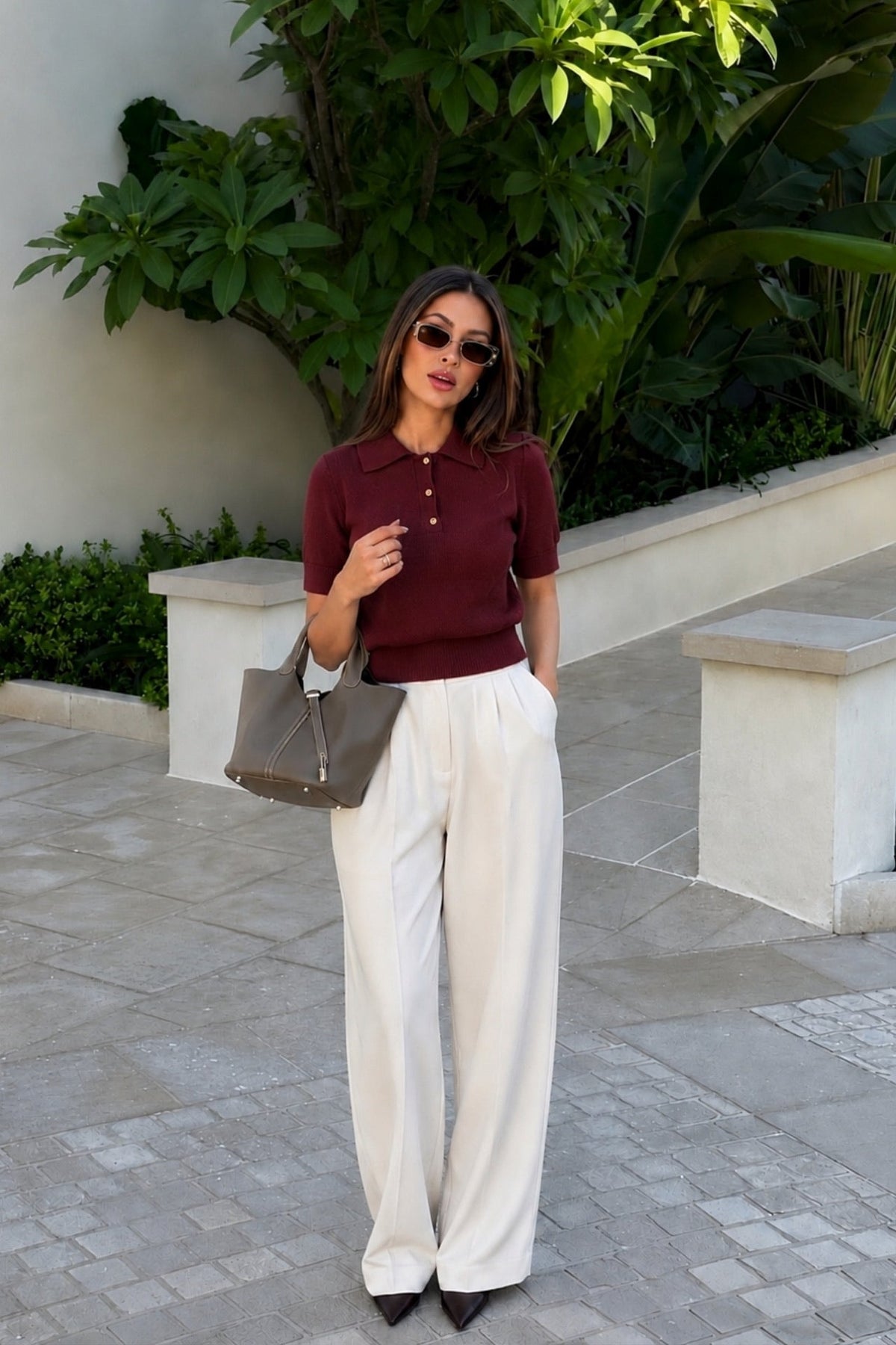 Polo Collar Gold Buttoned Plum Blouse
