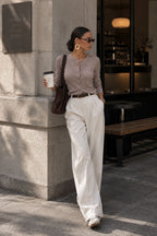 Button Detail Basic Textured Beige Blouse
