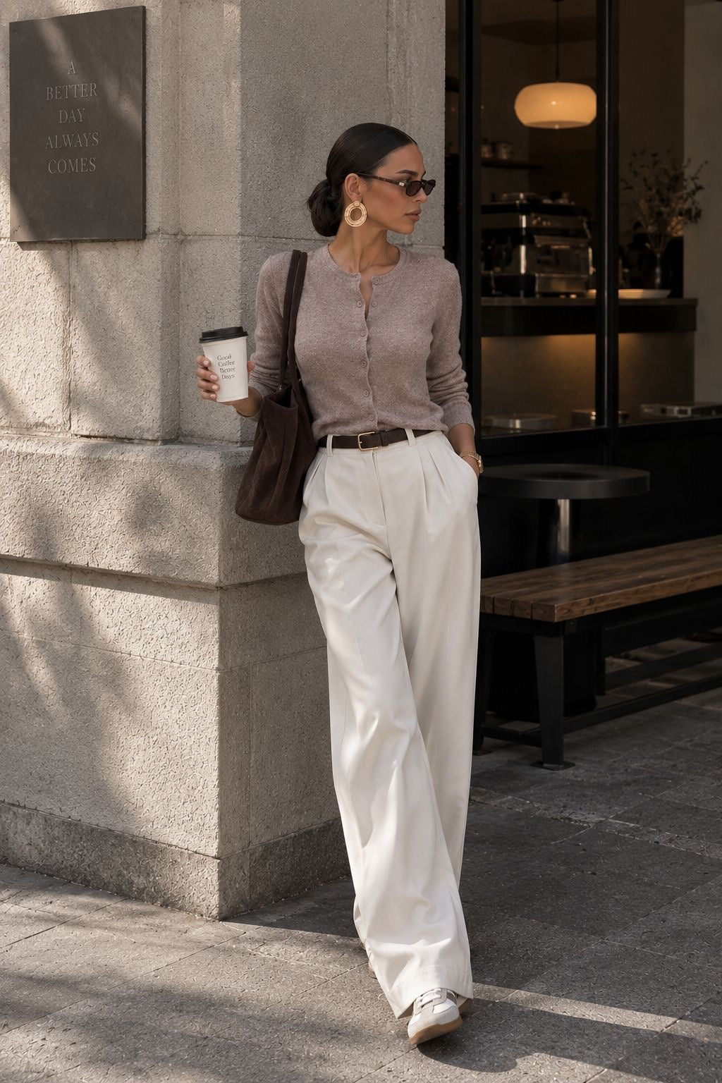 Button Detail Basic Textured Beige Blouse