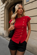 Asimetrik Button Detail Crew Neck Red Knit Blouse