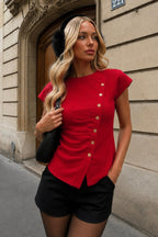 Asimetrik Button Detail Crew Neck Red Knit Blouse