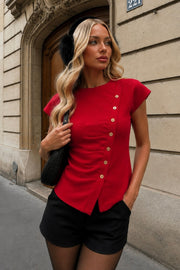 Asimetrik Button Detail Crew Neck Red Knit Blouse