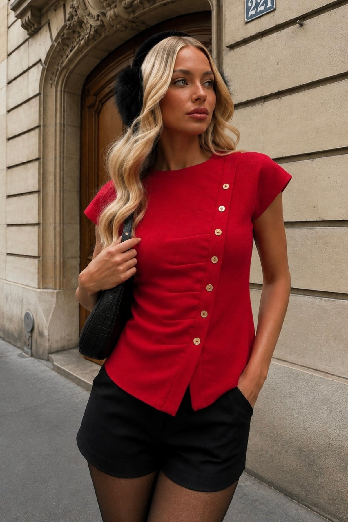 Asimetrik Button Detail Crew Neck Red Knit Blouse