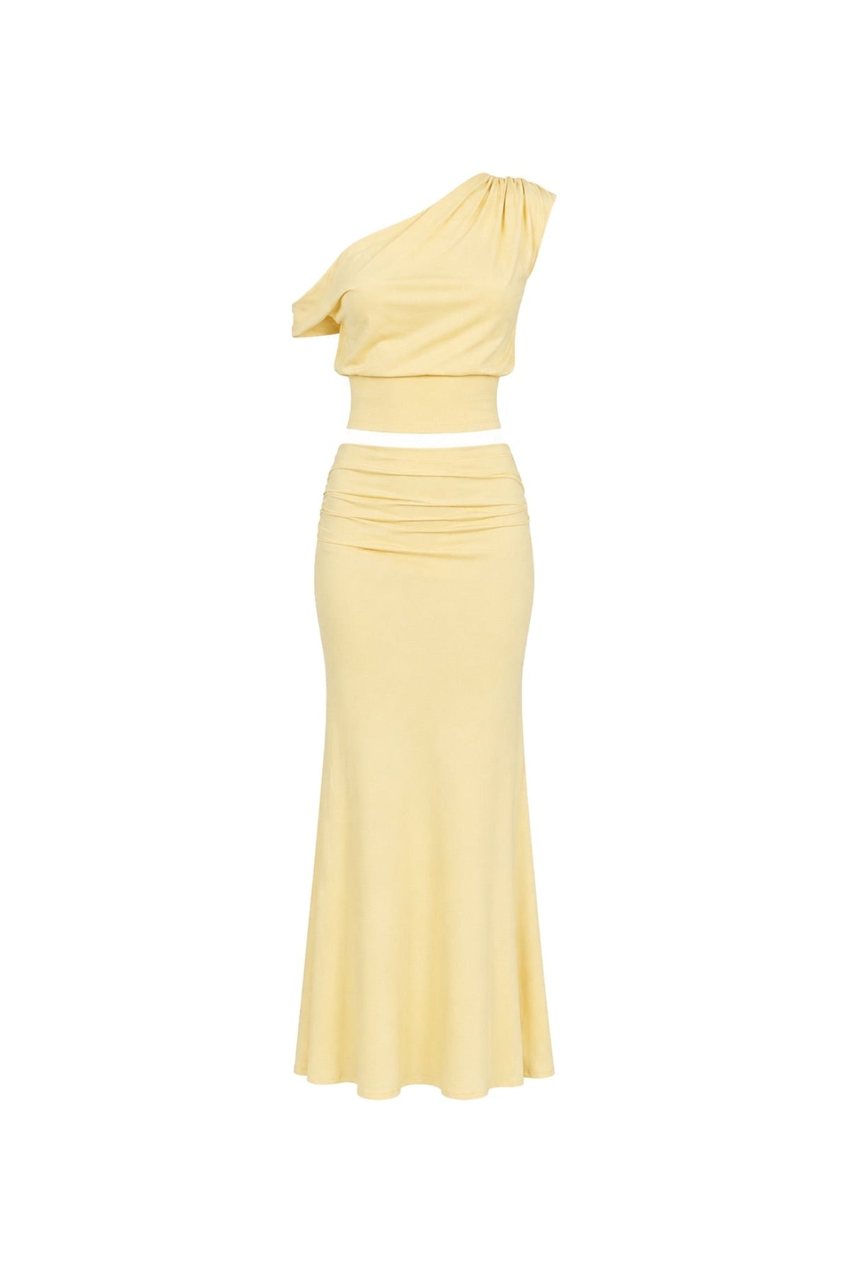 One-Shoulder Fitted Waist Blouse Ruched Detail Maxi Skirt Two-Piece Yellow Set