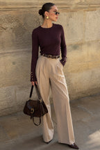 Button Detail Crew Neck Brown Blouse