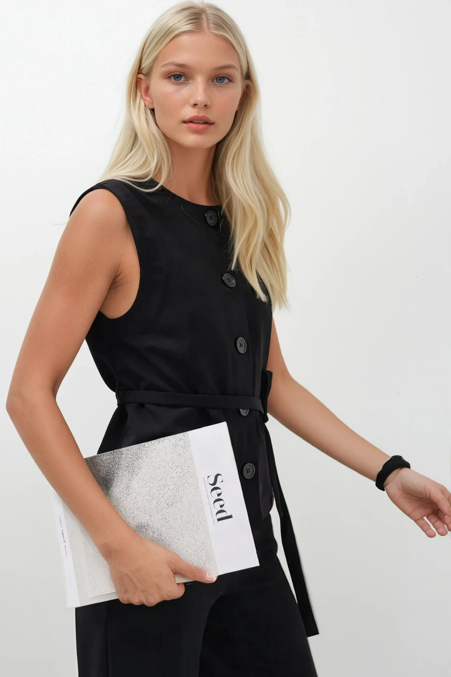 Sash Detail Woven Black Vest