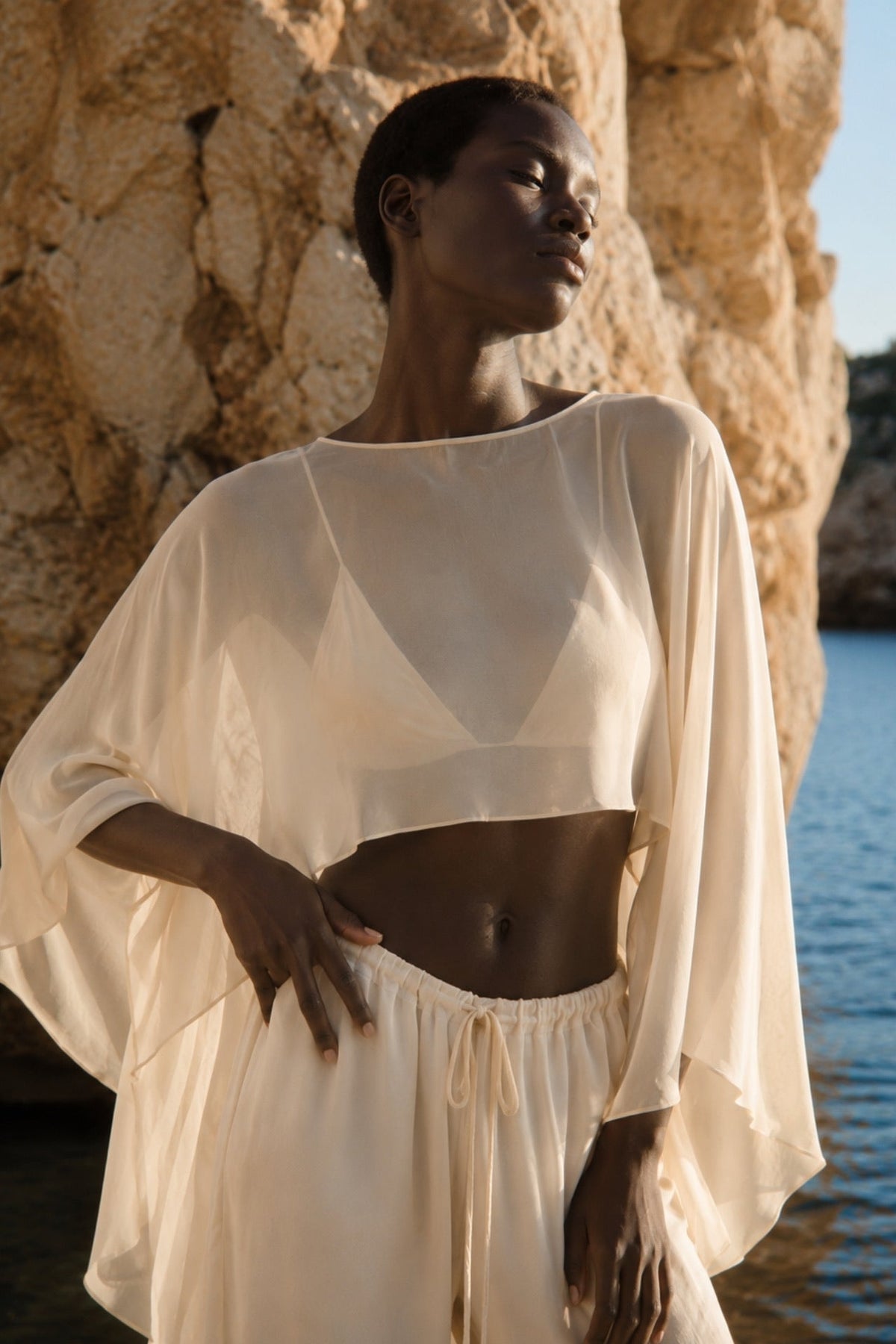 Wide Collar Crop Transparent Blouse High Waisted Pants Stone Two-Piece Set