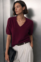 V-Neck Short Sleeve Textured Burgundy Blouse