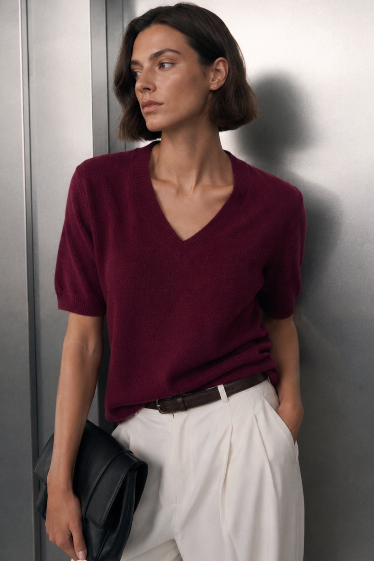 V-Neck Short Sleeve Textured Burgundy Blouse