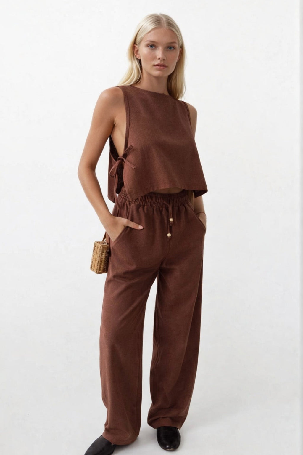 Drawstring Waist Straight Cut Brown Pants
